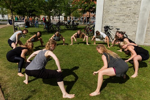 En gruppe dyrker yoga
